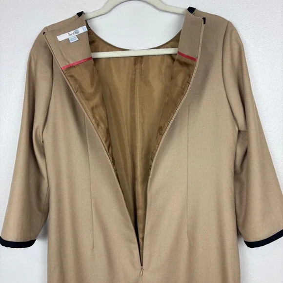 Boden Tan Wool Dress Black Tipped Size 6L Camel Striping Midi Classic Old Money - Picture 14 of 17